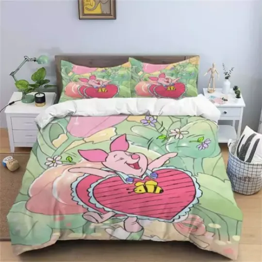 Winnie The Pooh Cartoon Funny Piglet Love Happy Time Bedding Set, For Home and Living, For Fan Gifts, Disney Merch