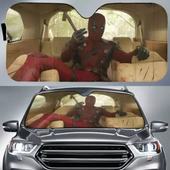 Funny Deadpool In Car Superhero Deadpool 3 Movie Car Sun Shade, Best Gift For Fans, Cartoon Car Windshield Sun Shade