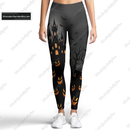 Castle Halloween Night Legging, Horror Movie Leggings, Halloween Womens Pant, Night Of The Pumpkin Yoga Pant, Ghost Pattern Leggings