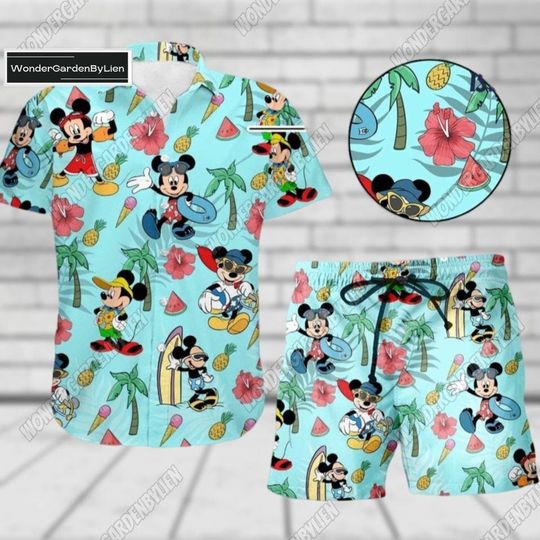 Mickey Tropical Hawaiian Shirt Shorts, Mickey And Friends Summer Shirt, Disney Mickey Hibiscus Short Man, Mickey Aloha Beach Shirt Shor
