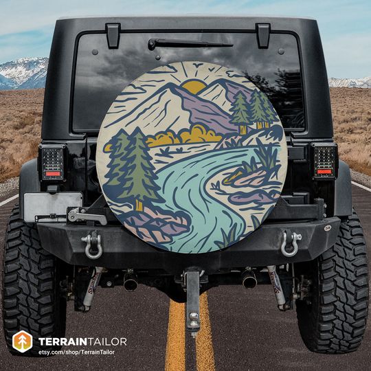 Hand Drawn Mountain Campground Scene Spare Tire Cover, Car Accessories, Anti-Fouling Cover For Spare Tire, Camping Decor Car, Multi-size Father's Gifts