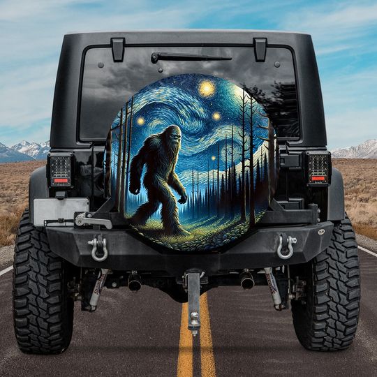 Bigfoot Starry Night Spare Tire Cover, Sasquatch Yeti Walking In The Forest Spare Tire Cover,Camping Hiking Outdoor Gift For Dad Fathers Day