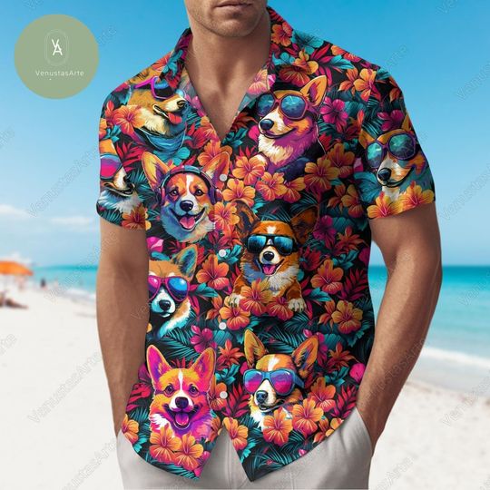 Corgi Button Shirt, Corgi Hawaiian Shirt, Corgi Summer Shirt, Corgi Beach Shirt, Corgi Button Up Shirt, Corgi Aloha Shirt, Corgi Shirt