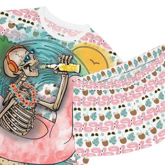 Skeleton Flamingo Summer Pajamas Shorts Set, Skellie Beer Flamingo Float, Women's PJs, Girlfriend Pajamas, Vacation Sleepwear, Cruise PJs,