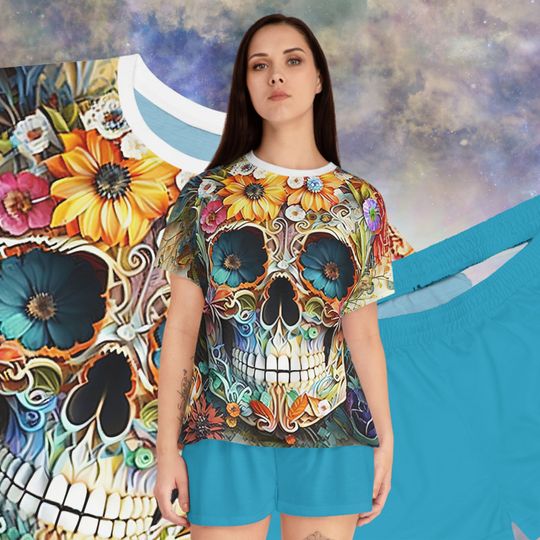 Skull Blossom Pajamas | Sugar Skull Pajamas | Spring Pajama Shorts Set | Goth PJs | Day of the Dead | Sugar Skull Loungewear | Skull Flowers
