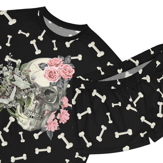 Two Piece Pajamas, Halloween Pajamas, Skull With Flower Pajamas, Gifts for Her, Womens Pajamas, Bones