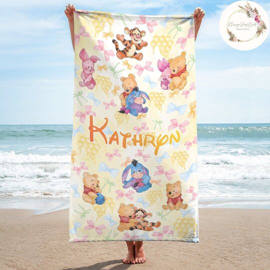 Personalized Watercolor Coquette Bows Disney Winnie The Pooh Beach Towel, Custom Pooh Bear Birthday Boy Bath Pool Summer Trip, Piglet Tigger
