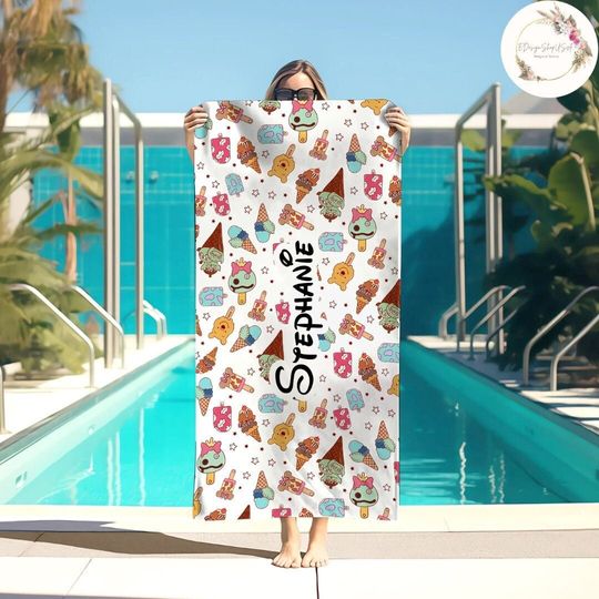 Personalized Disney Summer Beach Towel, Mickey and Friends Pooh Ice Cream Baby Towel Bath Pool Summer Beach Trip, WDW Disneyland Family Gift