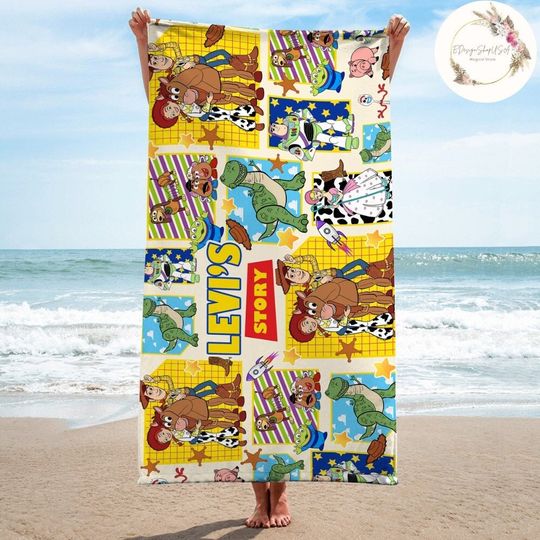 Personalized Disney Pixar Toy Story Beach Towel, Buzz Lightyear Woody Birthday Boy Bath Pool Summer Beach Trip, WDW Disneyland Family Summer