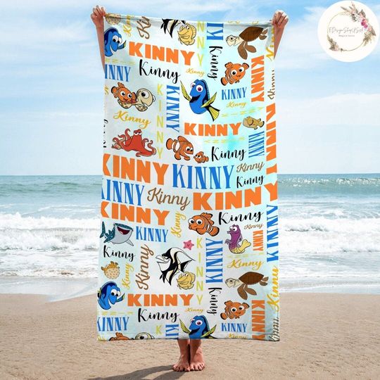 Personalized Watercolor Disney Pixar Finding Nemo Beach Towel, Finding Dory Baby Towel Bath Pool Summer Trip, WDW Disneyland Family 2024