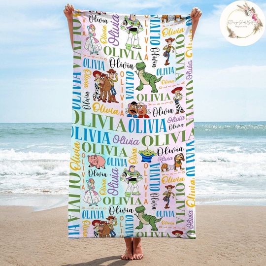 Personalized Watercolor Disney Pixar Toy Story Beach Towel, Buzz Lightyear Woody Birthday Boy Bath Pool Summer, WDW Disneyland Beach Trip