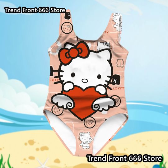Hello Kitty Girls Swimsuit Summer One Piece, Swimsuit Sanrio Cartoon Children Swimwear, Girls Beachwear Swimsuit