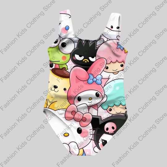 MINISO Girls Summer One-Piece Swimsuit, Fashion Cartoon Cute Hello Kitty and Friends Print Women Swimwear Sleeveless Swim Clothing