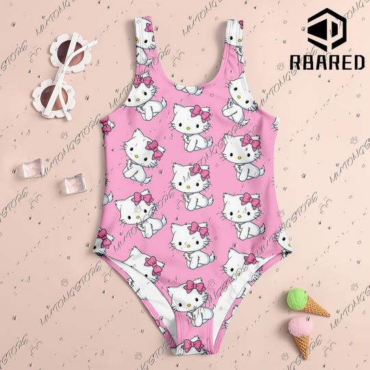 Cute Hellokitty Print New Girl Summer One-Piece Swimsuit Fashion Cartoon Women Kids Swimwear Sleeveless Swim Clothing