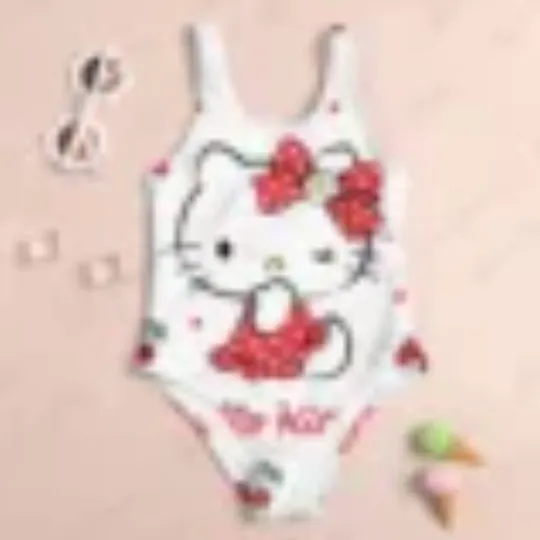 Cute Hellokitty Print New Girl Summer One-Piece Swimsuit, Fashion Cartoon Women Kids Swimwear, Sleeveless Swim Clothing