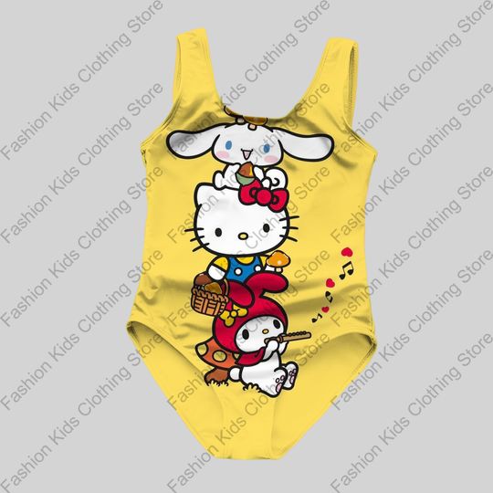 Girls Summer One-Piece Swimsuit, Fashion Cartoon Cute Hello Kitty and Friends Print, Women Swimwear, Sleeveless Swim Clothing