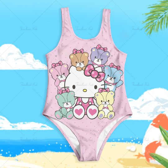 Summer One-Piece Swimsuit, Fashion Cartoon Cute Hello Kitty,  Print Swimwear, Sleeveless  Swim Clothing