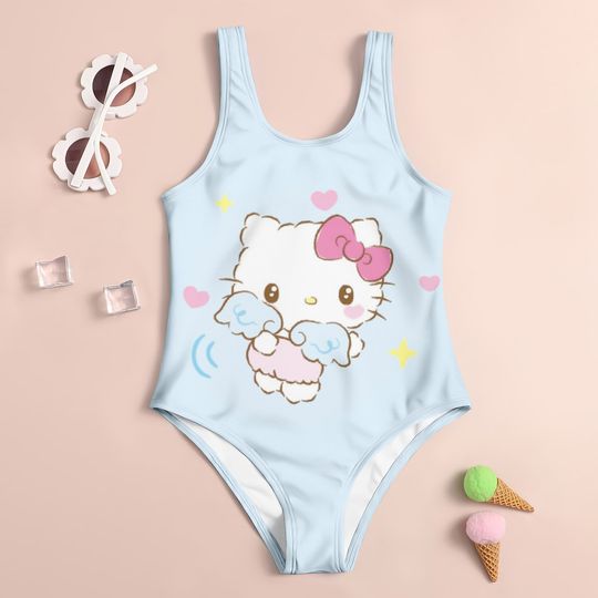 Children's 1-piece swimsuit with 3D hello kitty print, printed girl's swimsuit - suitable for summer beach vacation swimming