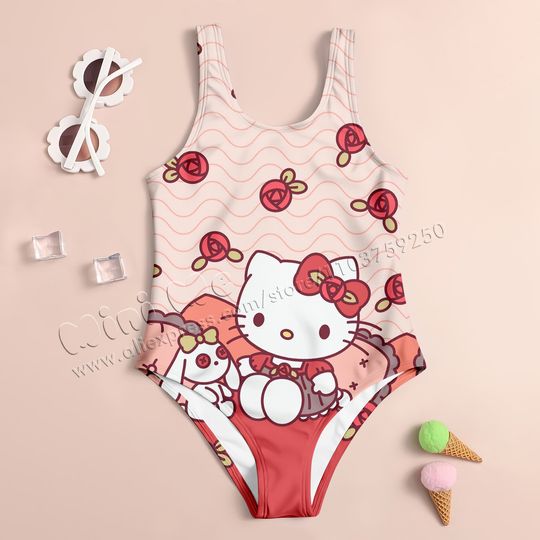 Girl Summer One-Piece Swimsuit, Fashion Cartoon Cute Melody and Hellokitty Print Women Swimwear, Sleeveless Swim Clothing