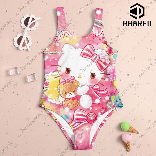 Cute Women One-Piece Swimsuit, hello kitty Print Girl Women's Swimsuit, New Soft Breathable Kids Summer Seaside Clothing