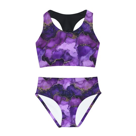 Purple and Gold Marble Girls Two Piece Swimsuit | Bikinis Set | Summer Beach Wear | Bathing Suit