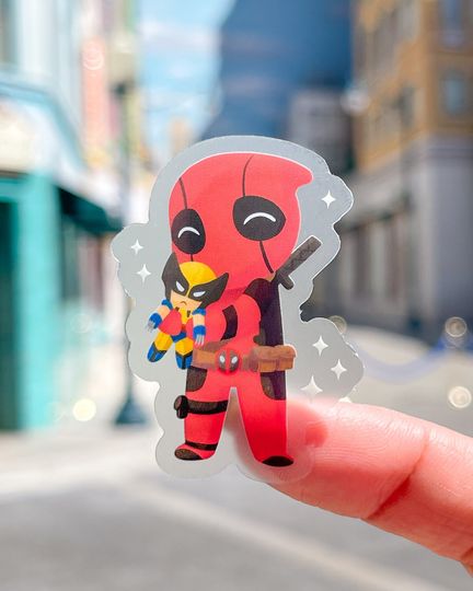 Deadpool with Classic Wolverine Plushie Transparent Disney Laptop Sticker/ Avengers Marvel planner stationery decal water bottle cell phone