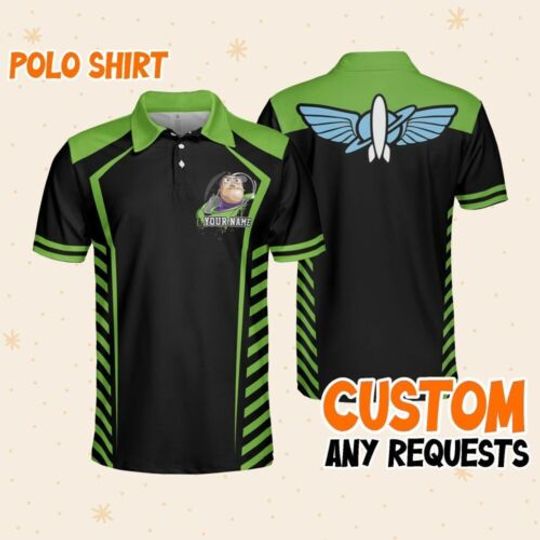 Custom Disney Toy Story Buzz Lightyear Polo Green Stripe, Business Casual Disney Polo Shirt