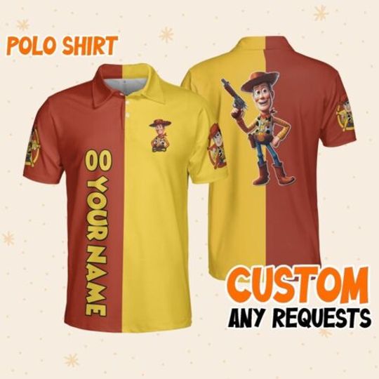 Personalize woody guns red yellow polo, Mens Golf Polo Shirt, Disney Performance Polo Shirt
