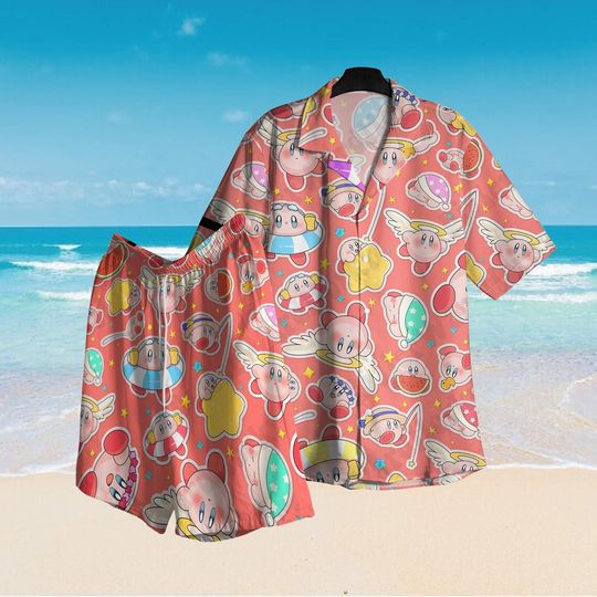 Kirby Hawaiian Shirt, Kirby Game Hawaiian Shirt, Cute Pink Kirby Summer Vacation Shirt, Kirby Family Beach Trip Shirt, PKM Gift