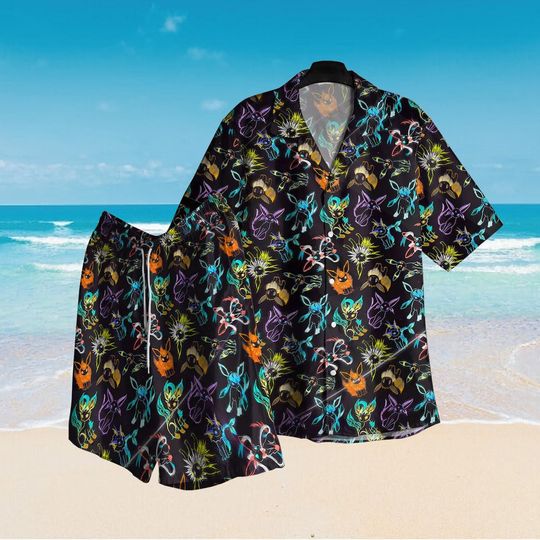 Eevee Hawaiian Shirt, Eevee Evolution Hawaiian Shirt, Beach Shirt, Summer Shirt, Shorts, Eevee Evolution Shirt Cute Shirt Aloha Shirt