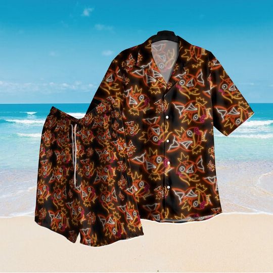 Magikarp Neon Hawaiian Shirt, Magikarp Neon Water Type Aloha Shirt, Beach Shirt, Summer Shirt, PKM Shirt, Hawaiian Shorts, Summer S