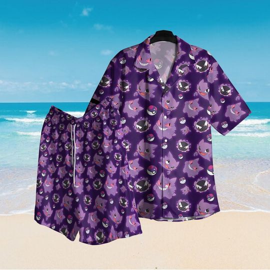 Gengar Hawaiian Shirt, Gengar Expression Shirt, Gengar Expression Shirt Ghost Type Aloha Shirt, PKM Beach Shirt