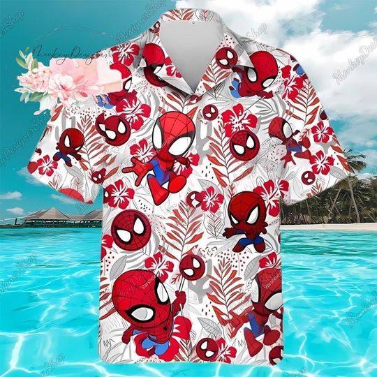Spider Man Hawaiian Shirt, Spidey And His Amazing Friends Button Shirt, Spiderman Summer Trip Family, Disney Hawaiian Shirt