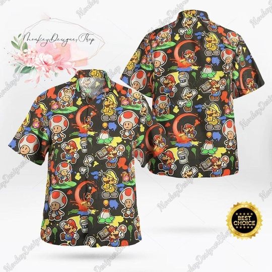 Super Mario Button Shirt, Mario Hawaiian Shirt, Mario Bros Summer T-Shirt, Wario Super Mario Game, Super Mario And Friends Funny Gift