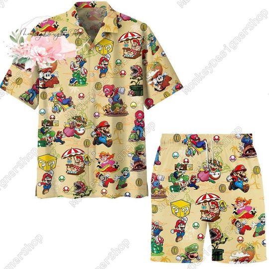 Super Mario Hawaiian Shirt Short Set, Mario Button Shirt, Mario Bros Man Short, Nintendo Summer Shirt Short, Hawaiian Beach Shirt Short