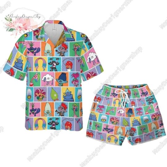 Trolls Movie Hawaiian Shirt Short, Trolls Band Together TShirt, Queen Poppy Summer Short, Trolls Movie Tropical Button Shirt