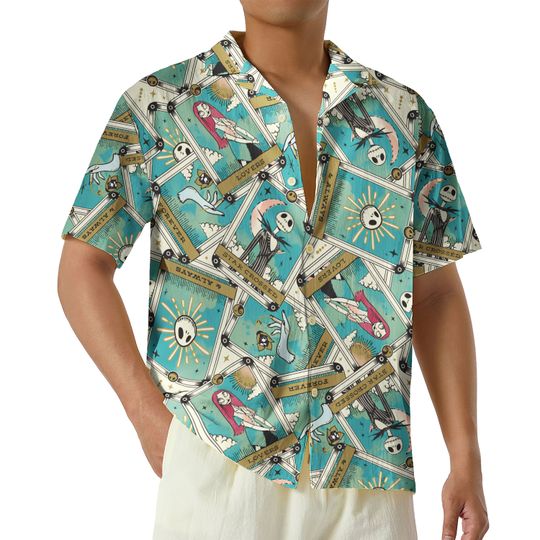 Retro Jack and Sally Tarot Card Hawaiian Shirt, Nightmare Before Christmas Halloween Button Up Shirt, Disney Halloween Party Gift