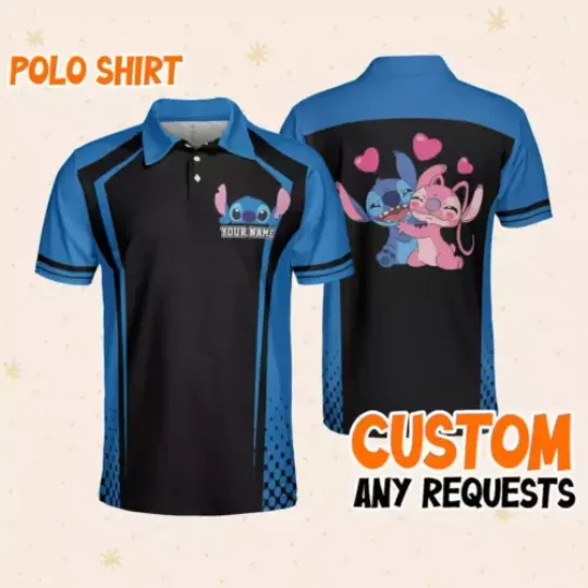 Personalized Angel & Stitch Cartoon Couple Lovers Short Sleeve Men's Polo Shirt, Disney Polo Shirt, Cartoon Disney Polo Shirt