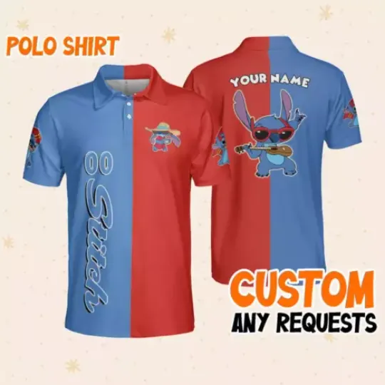 Personalized Funny Stitch Playing Guitar Summer Short Sleeve Men's Polo Shirt, Disney Polo Shirt, Cartoon Disney Polo Shirt