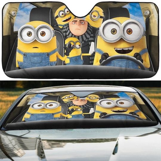 Minion Gru Family Car Sun Shade, Minion Cartoon Sunshade, Custom Car Accessory, Funny Car Sun Protector, New Car Gift