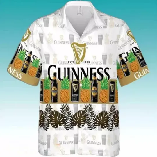 Guinness Beer Tropical Summer Hawaiian Shirt, Shirt for Beer Lovers, Summer Button Up Short Sleeved Shirt