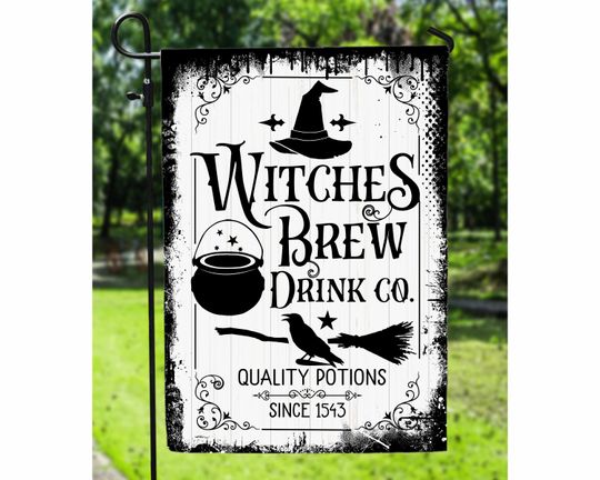 Witches Brew Halloween Drink Co Garden Flag, Halloween Outdoor Flag, Haunted House Garden Flag