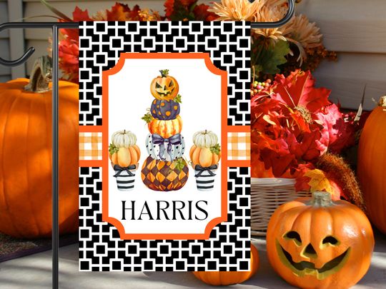 Preppy Pumpkin Topiary Garden Flag | Personalized Fall Halloween Yard Banner | Custom Outdoor Decor | Jack-O-Lantern House Flag Yard Art