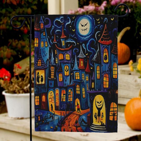 Mystic Village & Halloween Night Garden Flag, Halloween Outdoor Flag, Haunted House Garden Flag