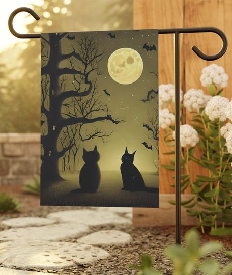 Ghostly Reflection Halloween Cat Double-Sided Outdoor Hanging Garden Flag, Halloween Decor, Full Moon Black Cat Yard Art Gift