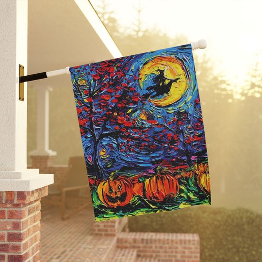Yard and House Flags - Starry Night Halloween Witch Silhouette Jack O Lantern Double Sided Printing Art By Aja Outdoor Lawn Garden