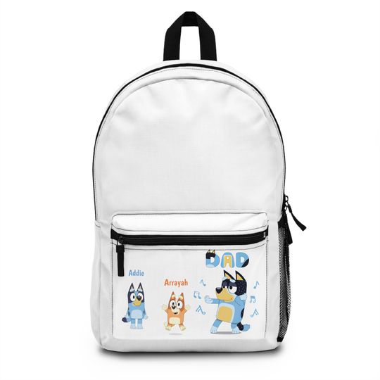 Unisex Customized names Backpack in White BlueyDad Bingo movie stylish gift for everyone Mom Dad kids