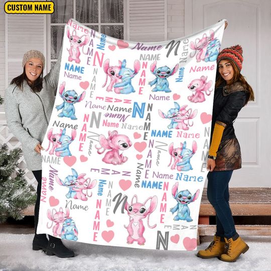 Personalized Stitch And Angel Blanket, Disney Stitch Blanket, Stitch and Lilo Blanket, Ohana Means Family, Stitch Birthday Gifts