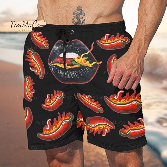 Flame Chilli Lips Shorts, Chilli Lips Shorts, Chilli Summer Shorts