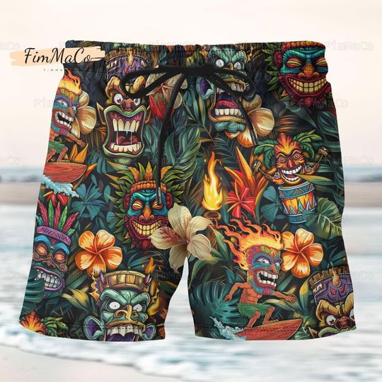 Tiki Hawaii Shorts, Tropical Tiki Head Hawaiian Shorts, Gift For Him